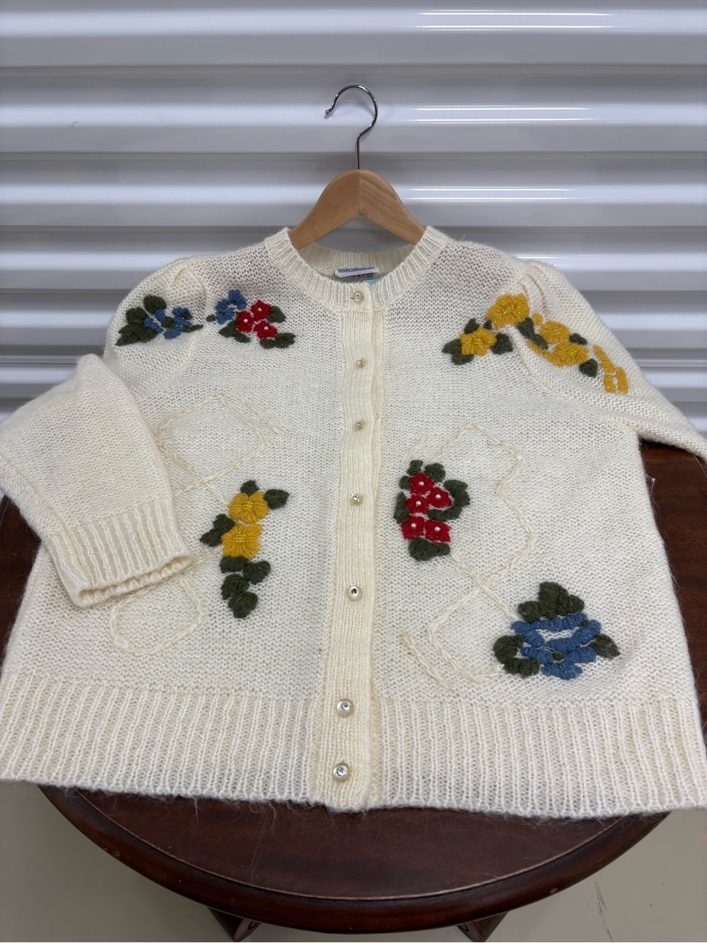 Cream Floral-Appliqué Knit Cardigan with Button Front